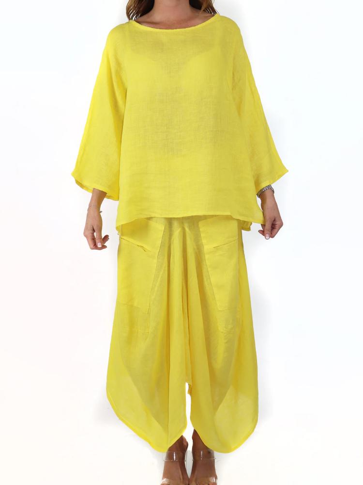 

Женский повседневный костюм-двойка: свободный топ и брюки широкого кроя в нескольких цветах S жёлтый