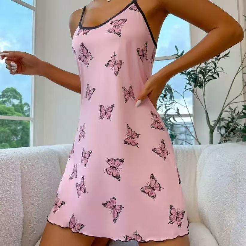 Butterfly Print Silk Imitation Women's Pajama Camisole Set
