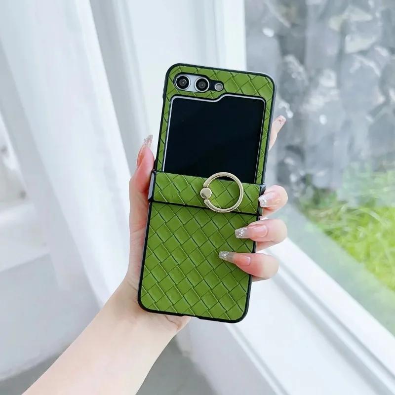 Ring Holder Woven Leather Fall Prevention Phone Case for Samsung Galaxy Z Flip 7 6 5 4 Flip6 Flip5 Flip4 Flip3 Shockproof Cover