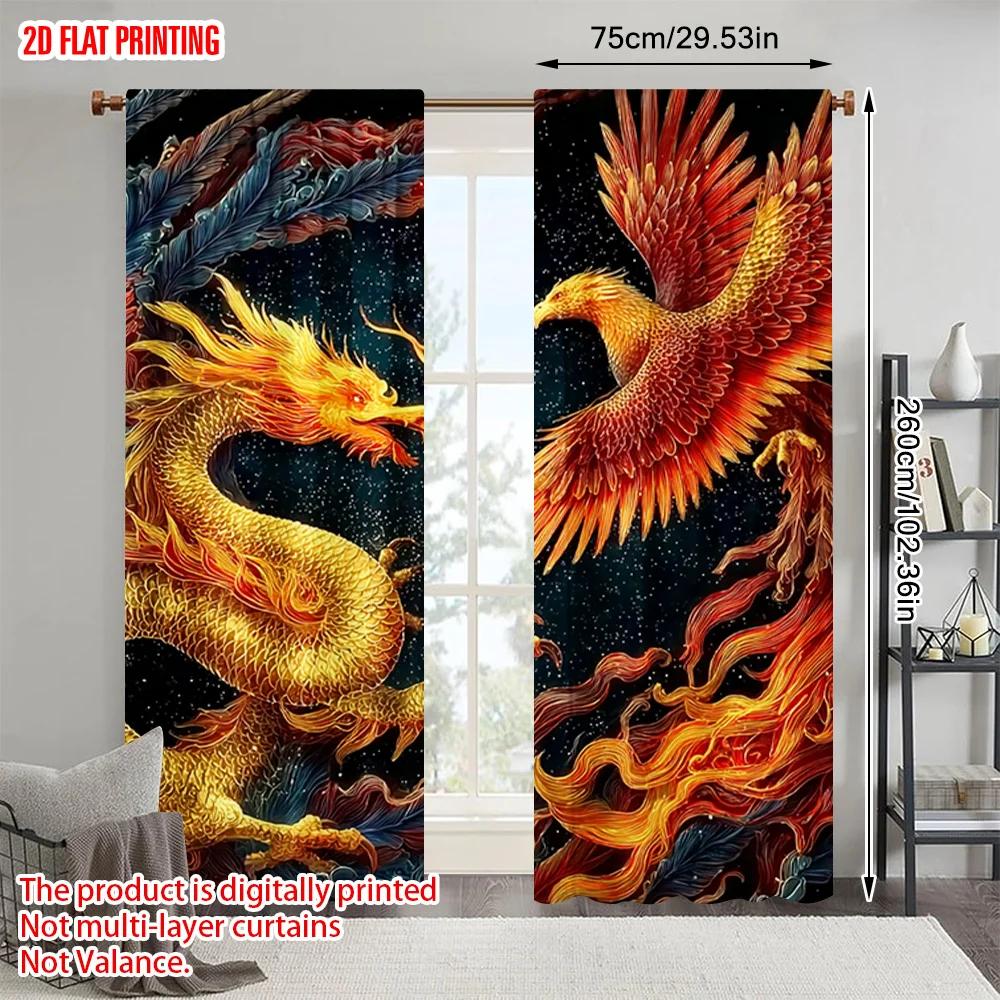 2pcs   plane printing Print Curtains dragon and phoenix Versatile 100% Polyester (without rod) Art Deco Festive Perfect for