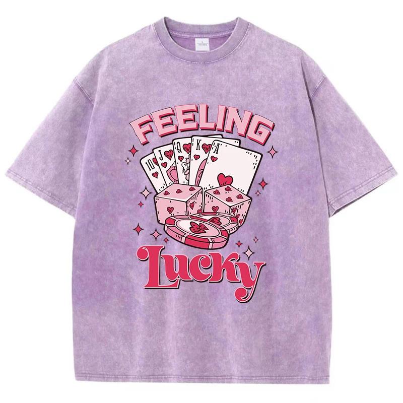 Feeling Lucky Cotton Washed T-Shirts Womens Poker Dice Printed Tops Comfortable O-Neck Oversize T Shirts Woman Clothes
