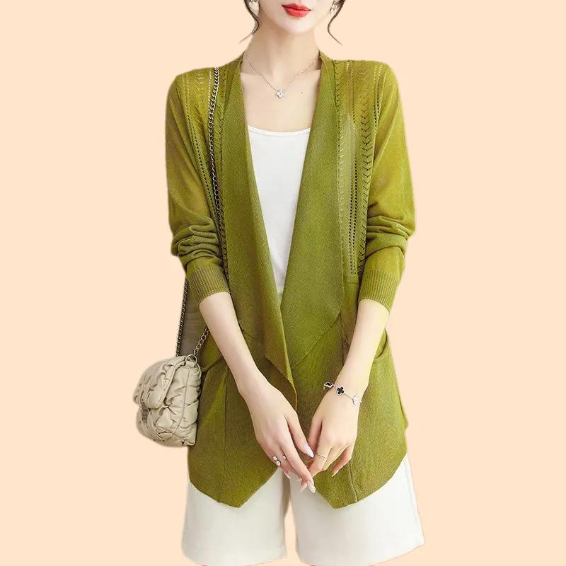 Elegant Women Long Knit Cardigan Open Front Loose Fit Casual Wear Spring Summer Fashion V Neck Solid Color with Pockets