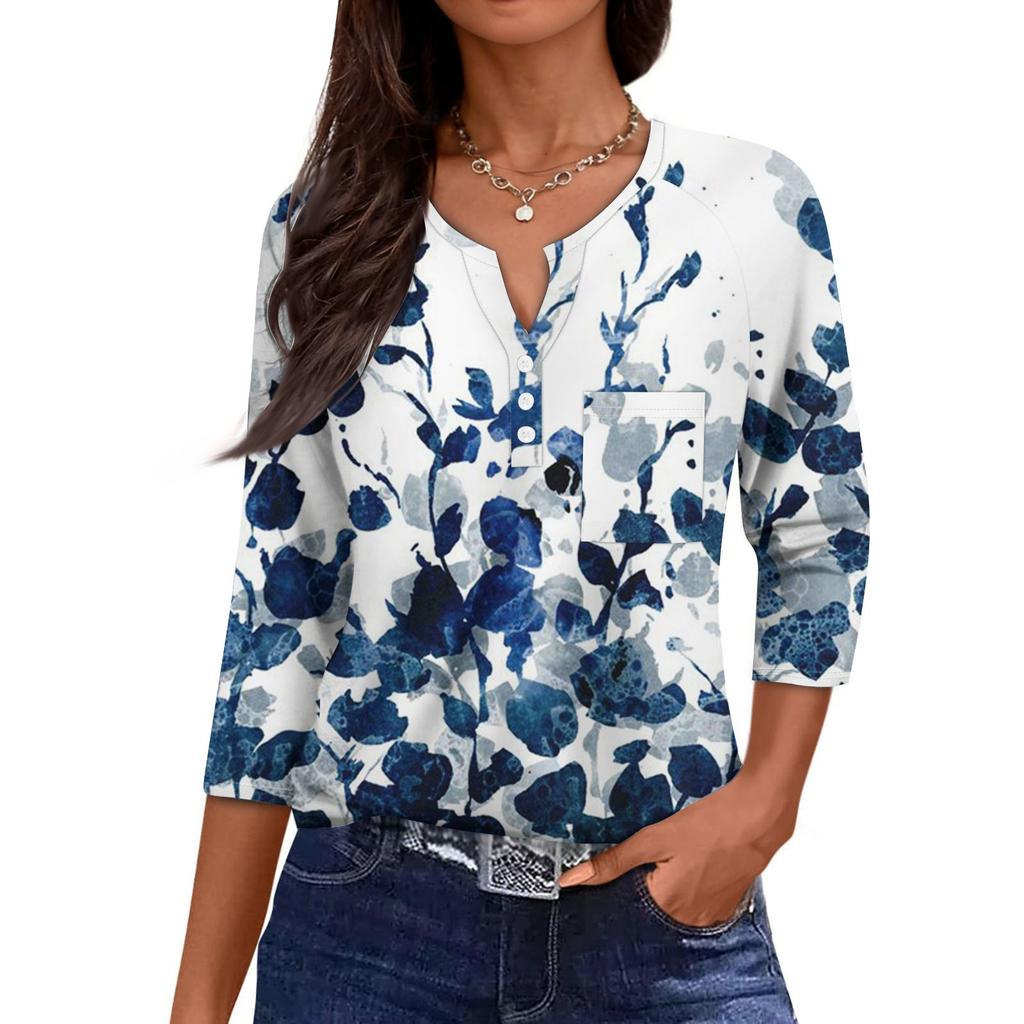 Women's Casual Fashion V-neck Loose Versatile Floral Print Three-quarter Sleeves