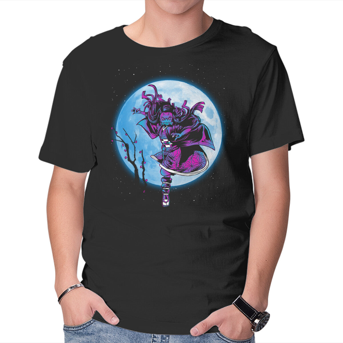 Unisex Crew Neck T-Shirt Nezuko Under The Moon Graphic Short Sleeve Casual Tee S