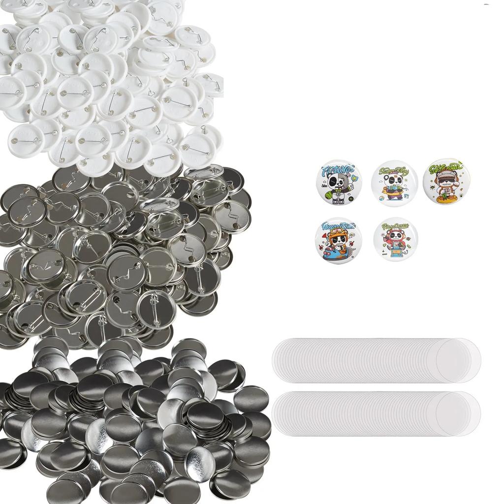 VEVOR 500 Sets 1.25 inch 32mm Pin Back Button Parts, DIY Round Button Badge Parts, Set Includes Metal Top, Plastic/Metal Button, Clear Film