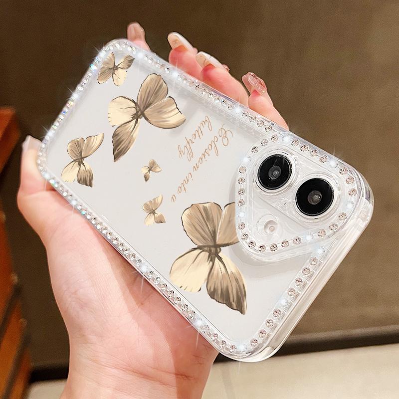 For iPhone 16 Pro 16E 15 Pro Max 14 13 12 11 Phone Case Diamond Frame Butterfly Print Clear Shockproof Soft Silicone Anti-Fall Bumper Cover