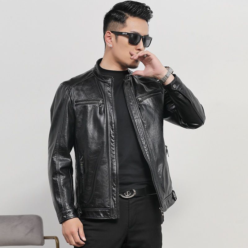 

Мужская куртка из натуральной кожи, весна и осень, новый стиль, первый слой коровьей кожи, повседневный воротник-стойка, облегающий крой, трендовая кожаная куртка для молодежи и среднего возраста M