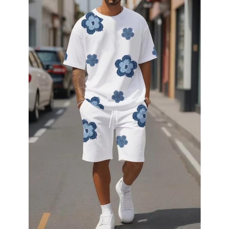 Men's Flower 3D Print Crew Neck Short Sleeve T-Shirt & Shorts Set Round Neck Gradient Short Sleeved Women's T-shirt Shorts Set