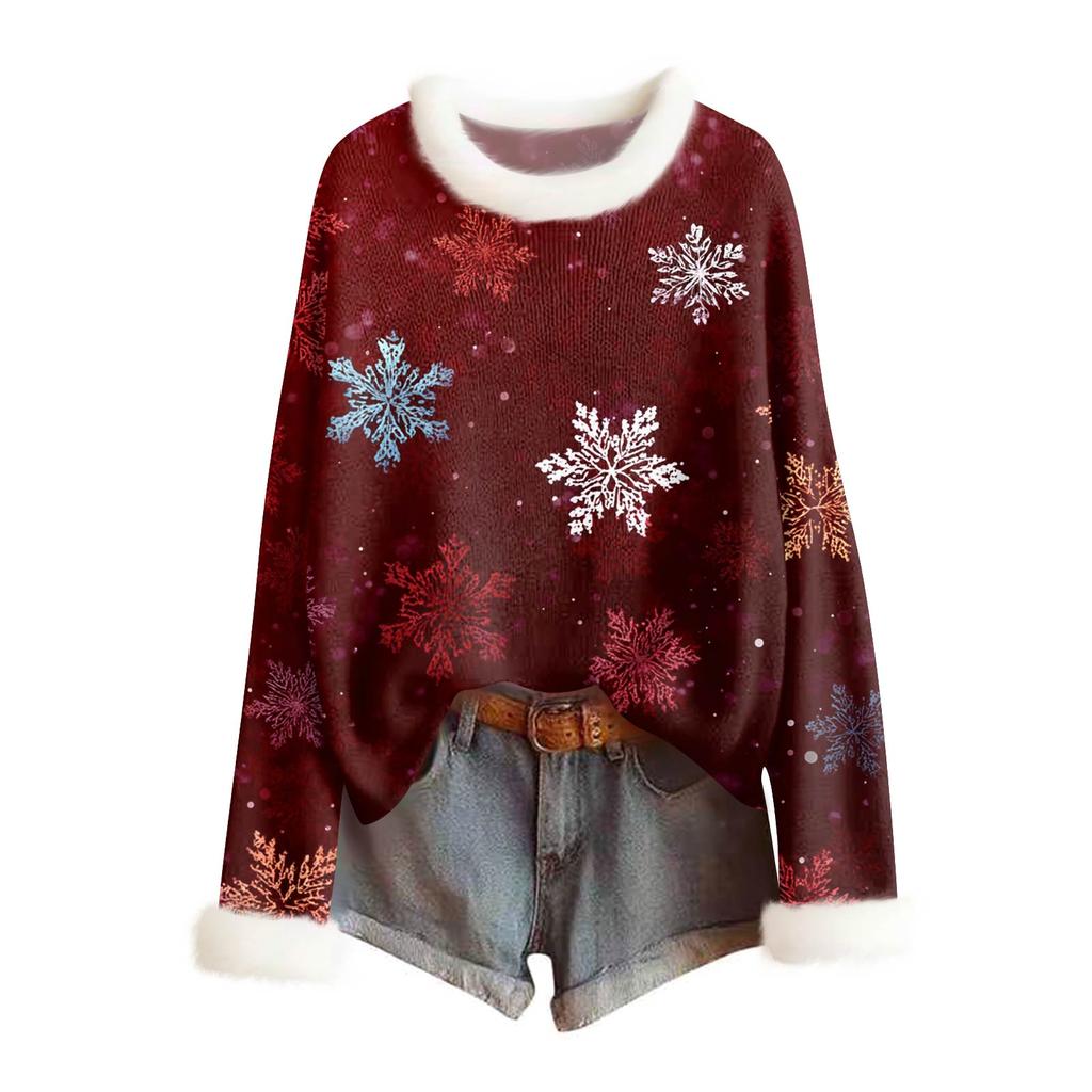 Women's Fashionable Christmas Printed Wool Collar Sweater Casual Long Sleeved Knitted Pullover Top