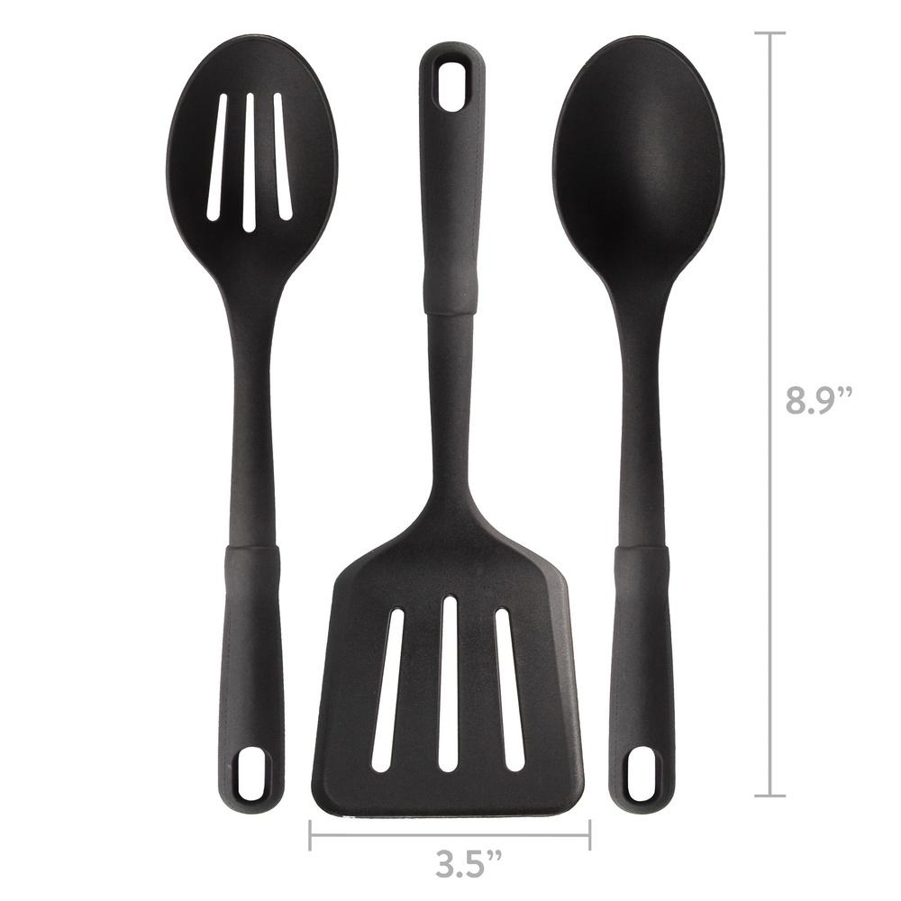 

3 Piece Kitchen Utensil Set Slotted Spatula Spoon Heat Resistant Dishwasher Safe Kitchen Tools Connector Ring Black Nylon United States