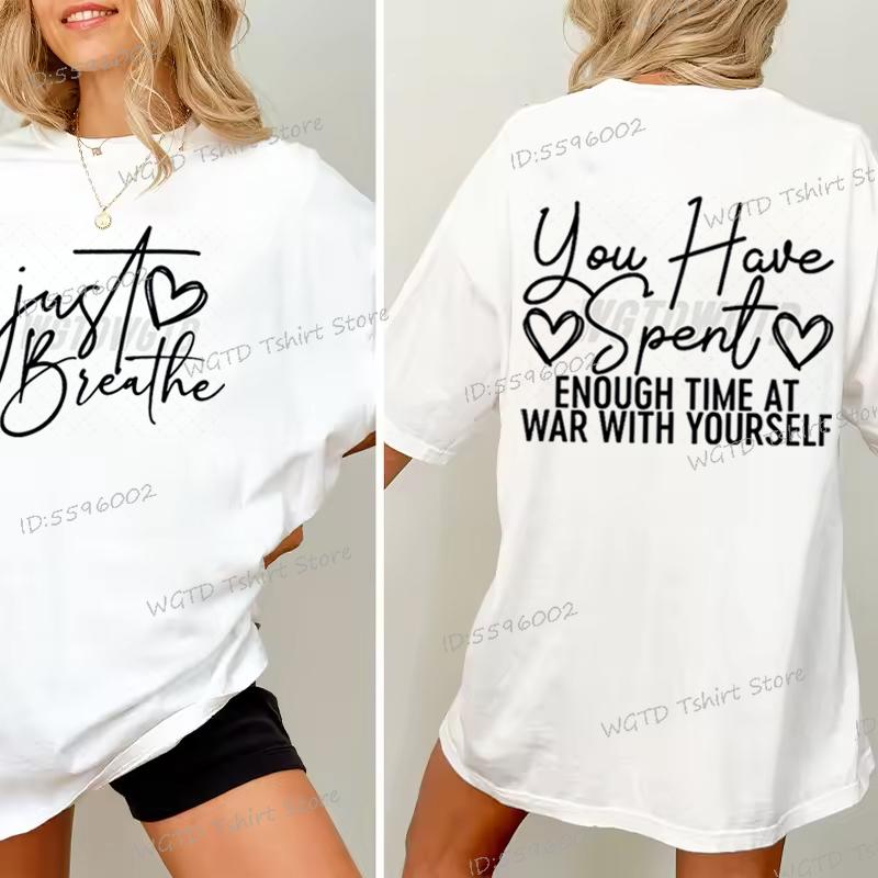 Just Breathe Heart Design T-shirt Inspirational Quotes Graphic Tee Trendy Mothers Day Gifts Positive Crewneck Short Sleeve Shirt