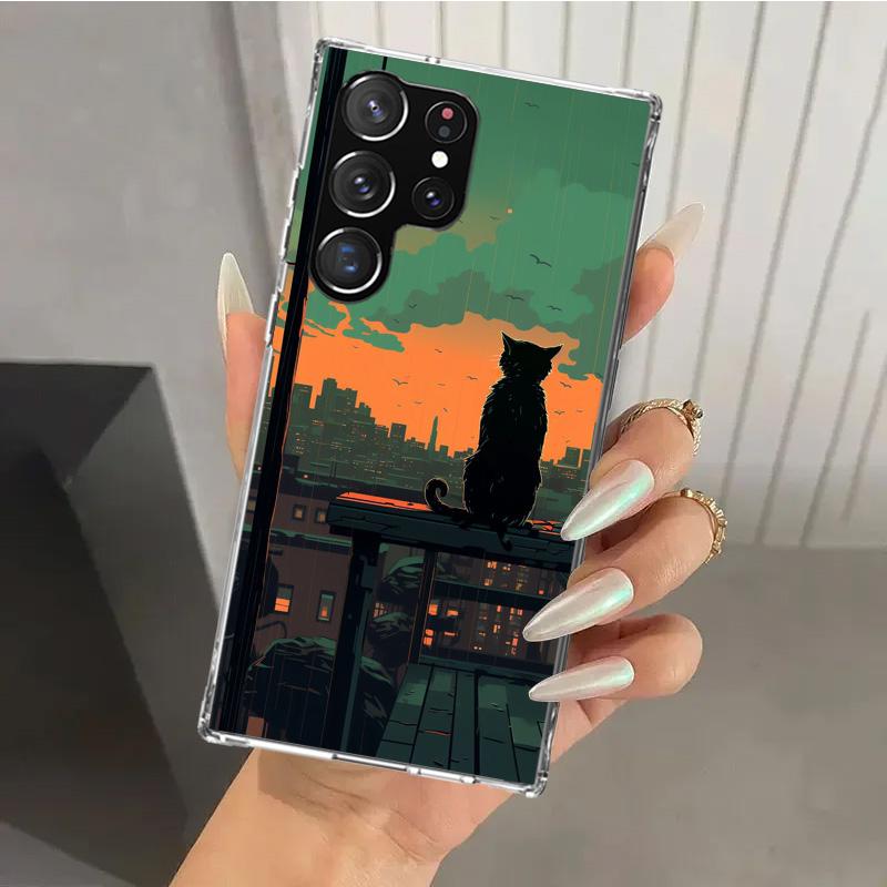 Anime Cat Rain Animal Phone Case for Samsung Galaxy S26 S24 S23 Ultra S25 Edge S22 S21 Plus S20 FE + Soft Print Shell Funda Gala