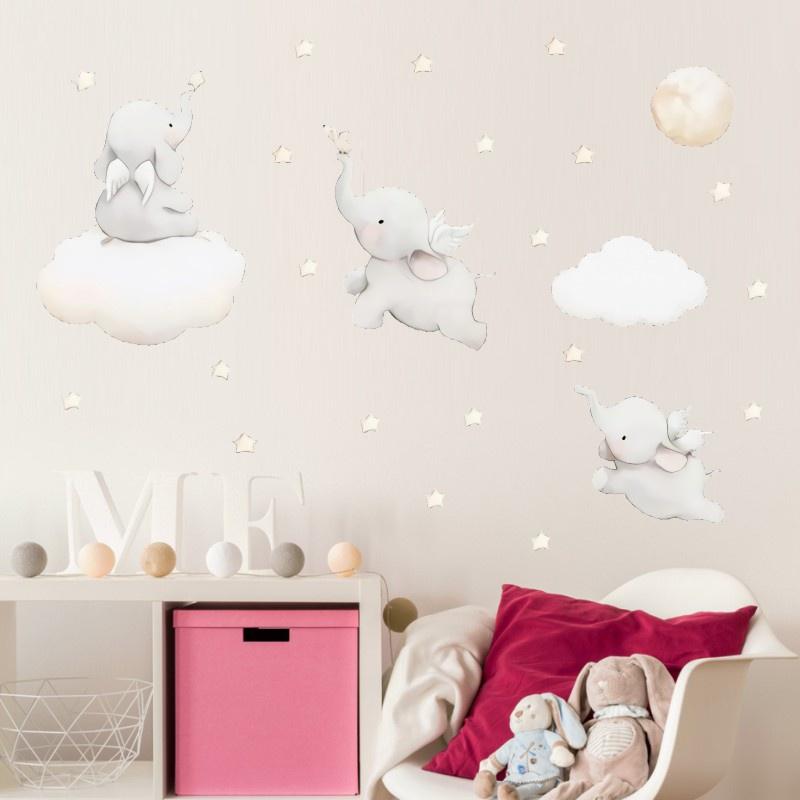 Cartoon Stars Cloud Wall Elephant Sticker Nordic Style Nursery Wall Decals Shining Star Bedroom Kids