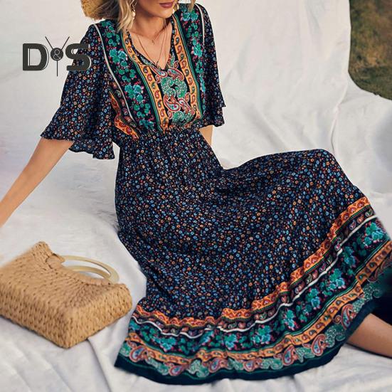 Dámské šaty Etnický bohémský styl Potisk Výstřih do V Krátké rukávy Pružný pas Skládaný Patchwork Maxi šaty A-line Letní dovolená Plážové šaty