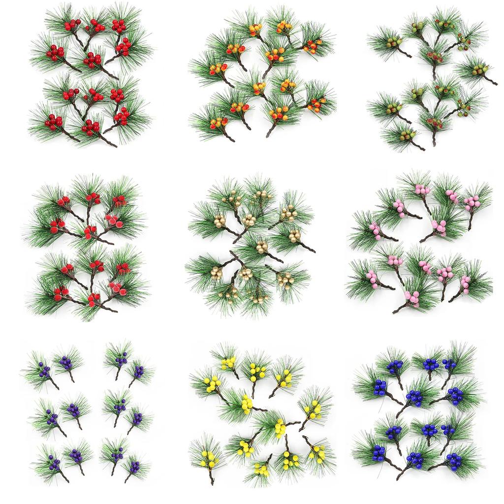 12 pièces Fait Main DIY Mini Branches de Pin Aiguilles Baies Rouges Accessoires Couronne de Noël Boîte Cadeau Plantes Artificielles Arrangement Floral