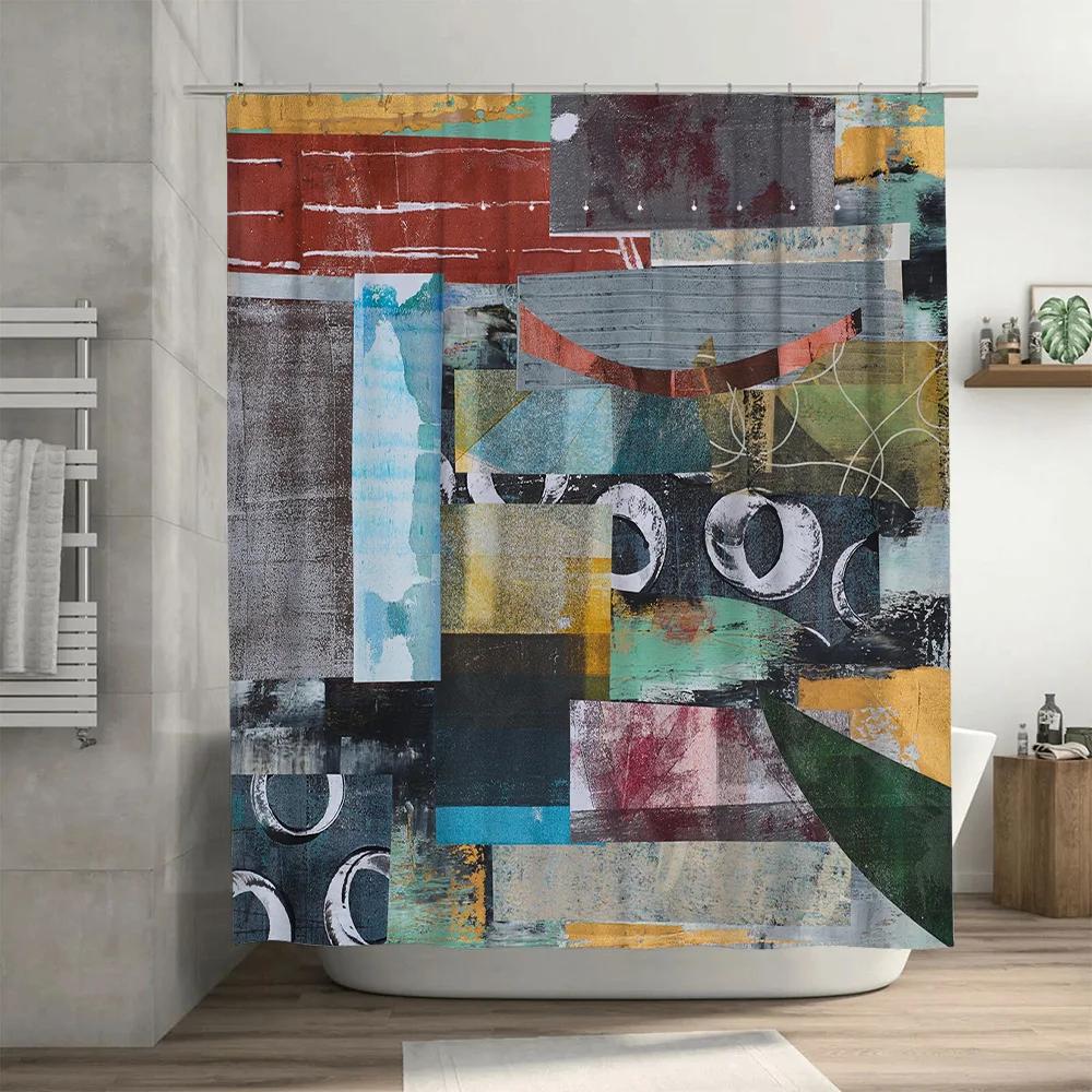 Modern Abstract Bathroom Shower Curtain Set Bold Colors Geometric Patterns Easy Installation for Home Decor
