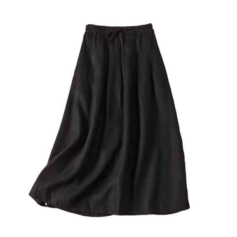 Women's Retro A-line Cotton Skirt with Tie & Elastic Waist