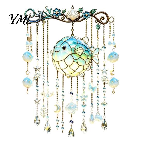 Window Hanging Crystal Pendant Ocean-Themed Wind Chime, Stained Acrylic Jellyfish Seahorse Pufferfish Suncatcher Glass Style with Prism Drops, Coastal