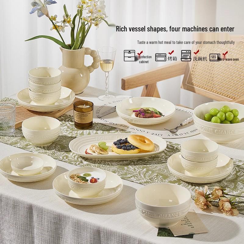 French Cream Style Underglaze Ceramic Bowl Set (2025), Including Rice Bowl, Plate, and Chopsticks.