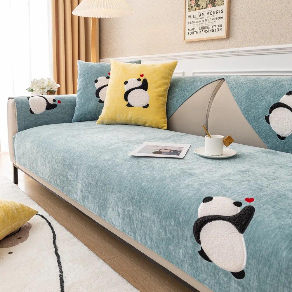 Luxury Sofa Cover Cushion Cartoon Panda L Shape Leather Couch Cover Four Seasons Universal Non-slip Back Towel for Living Room