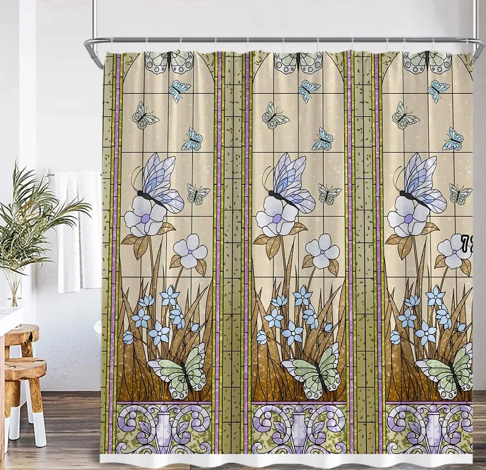 Stained Glass Garden Shower Curtain Butterfly Flowers Church Colored Painting Glass Wall Art Bath Curtain Aesthetic Bath Curta