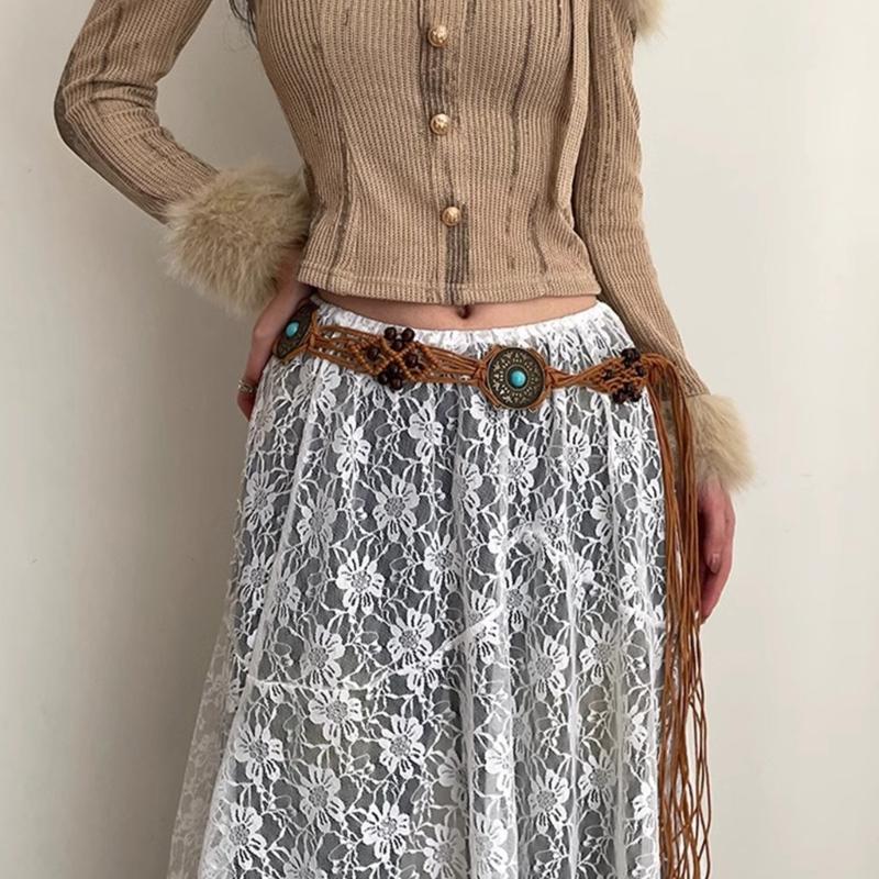 Woven Fringed Chain Belt for Women Adjust LaceUp WaistBand Fashion Rope Belt for Girl Bohemian Style Waist Decors