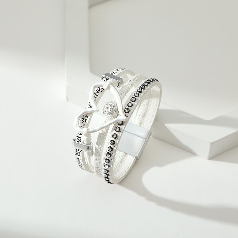 Vintage Multi-layer Leather Bracelet Womens Hollowed Out Heart-shaped Crystal Studded Magnetic Buckle Bangle Party Jewelry
