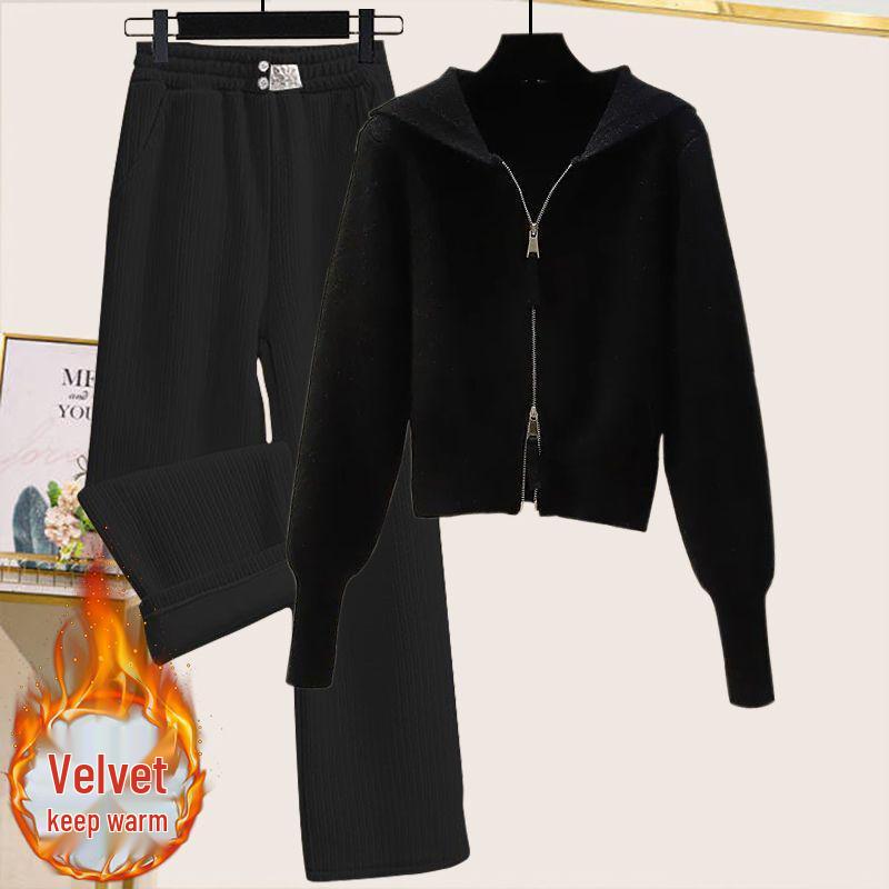 Sweet Autumn & Winter Women's Double Zipper Hooded Knitted Sweater Set