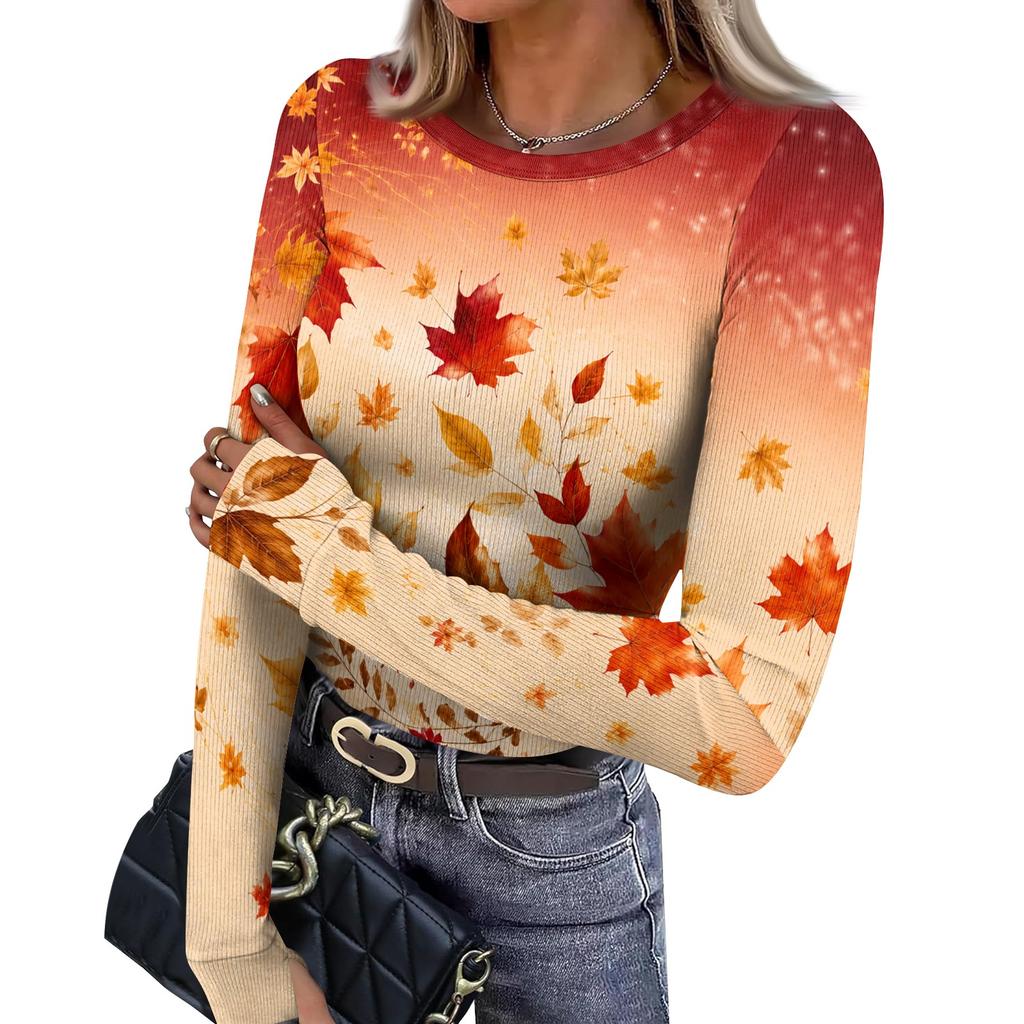 Women's Slim Fit Long Sleeve Neck T-Shirt with Leaf Print and Thumb Holes for Casual Everyday Wear