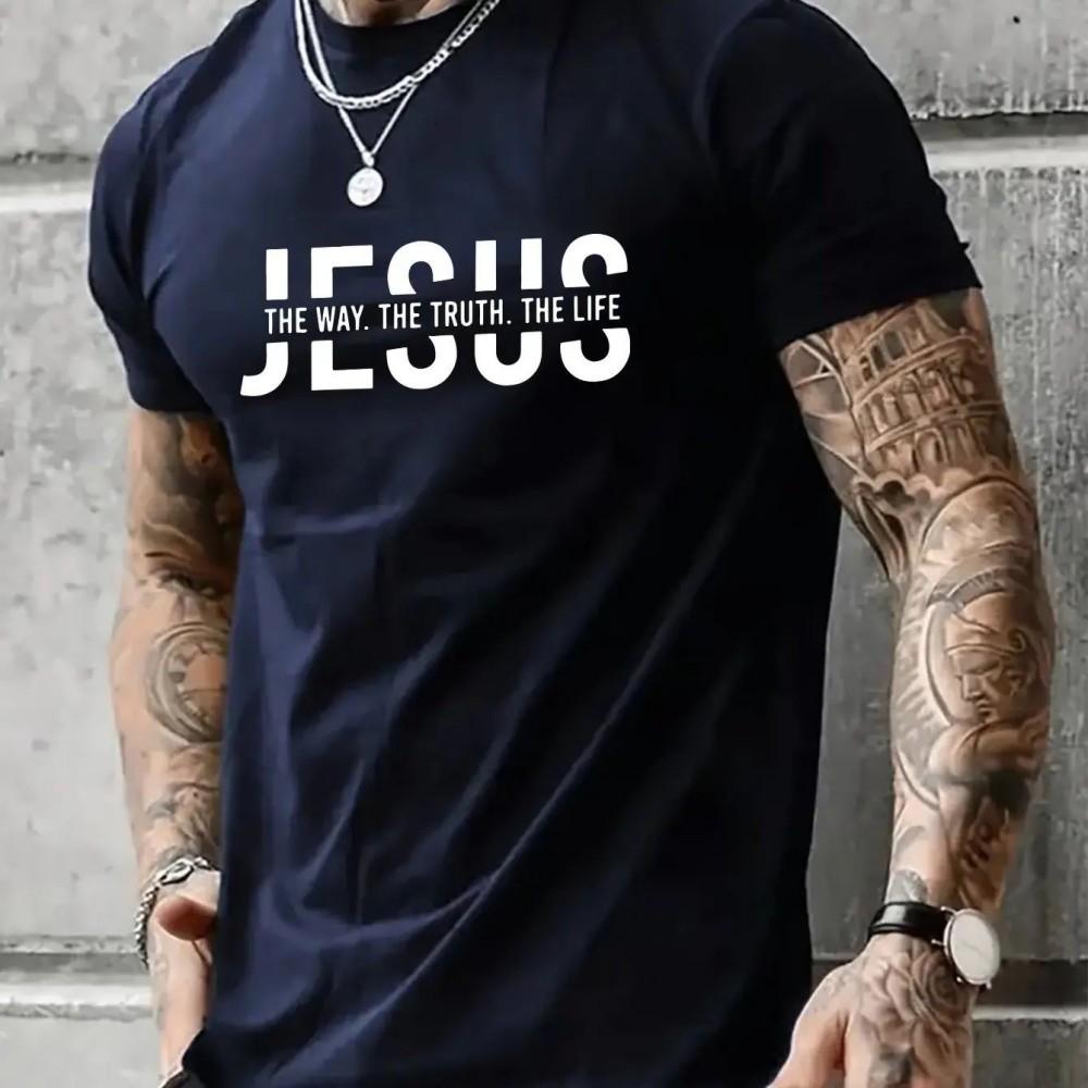 GUOYAN TOP Zomer heren polyestervezel casual losse ronde hals T-shirt Jezus Weg Waarheid Leven letter bedrukt outdoor sporttop XL