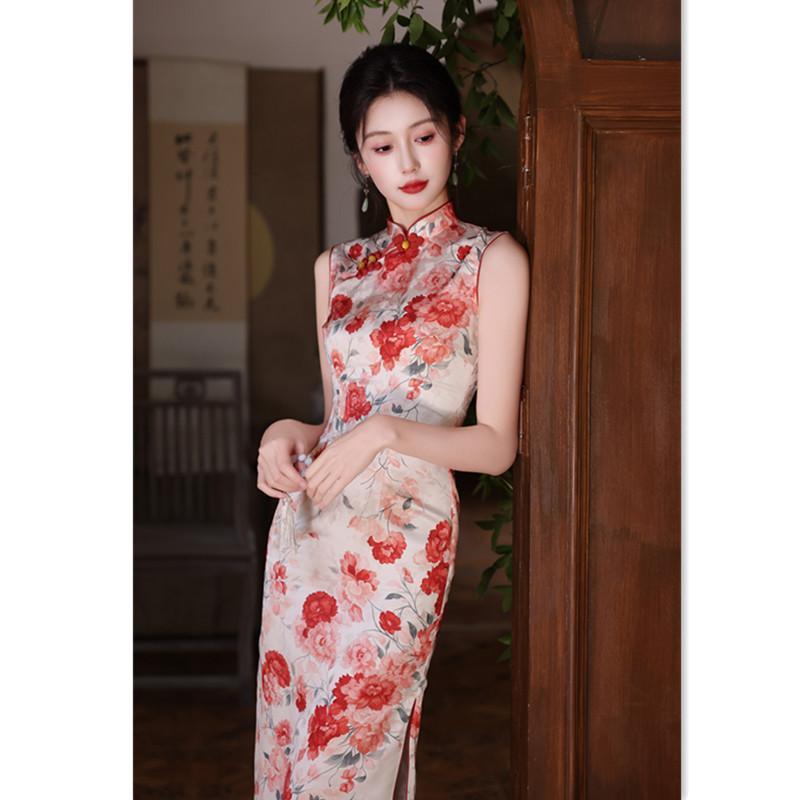 New Chinese jacquard satin Hong Kong style sleeveless long single-layer cheongsam 1011 summer new slim and thin daily wear