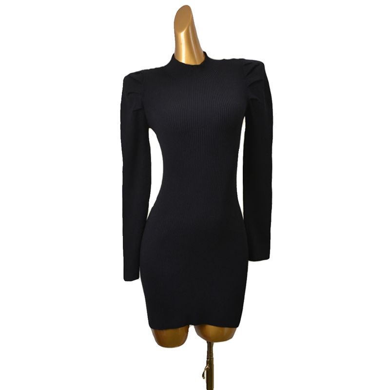 Daily Order Puff Sleeves Long Sleeves Bodycon Dress Fashion Wind Minimalist Small Stand-up Collar Slim Fit High Elastic Knitting Dress