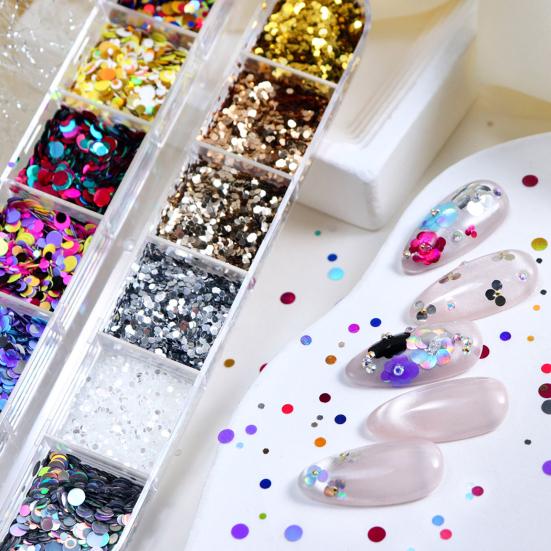 1 Box Round Glitter Nail Art Sequins 12 Grids Assorted Color Holographic Nail Charm Foils DIY Nail Design Crafts Manicure Decoration Accessories