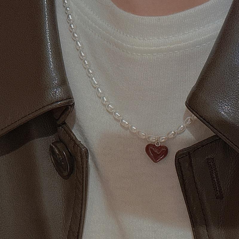 S925 Sterling Silver Niche Design Sense Retro Love Pearl Necklace Korean Style Simple Collarbone Chain
