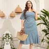 Women Plus Size Floral Summer Dress Square Neck Short Sleeve Slim Fishtail High Waist XL 5XL