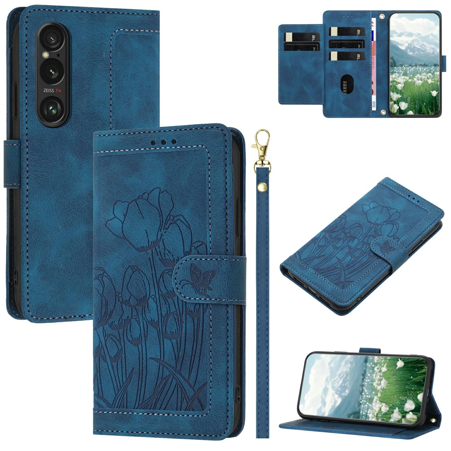 

For Sony Xperia 1 VI Tulip Leather Case Phone Cover with 5 Card Slots Wallet Blue