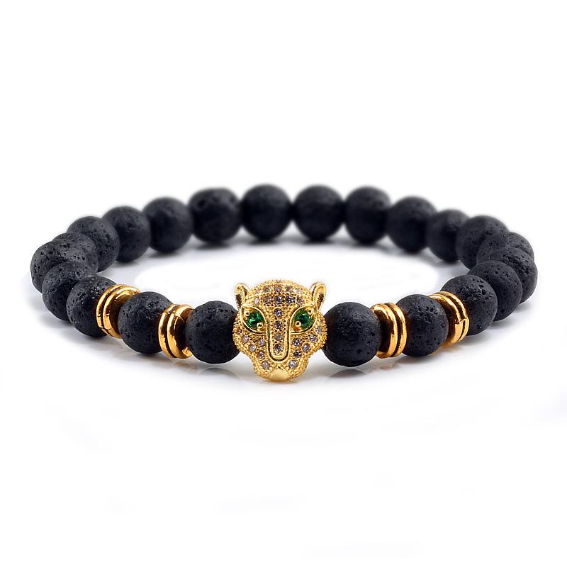 Volcanic Stone Beads Bracelet with Leopard Head and Diamond Circle - Trendy Elastic Hand Ornament