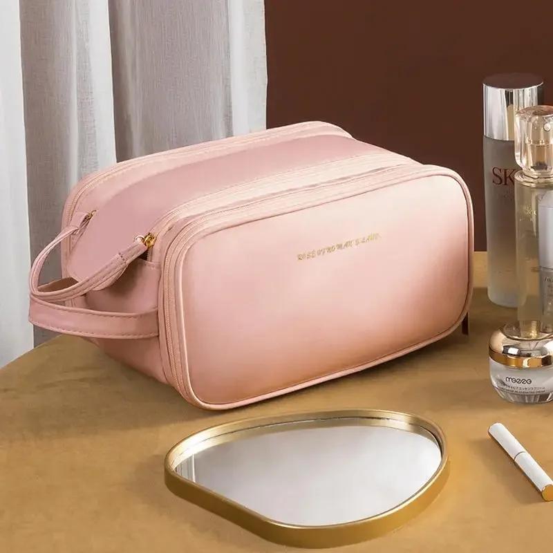 Portable Women's Makeup Bag PU Leather Luxury Cosmetics Storage Organizer Travel Essentials Double Zipper Toiletries Bag