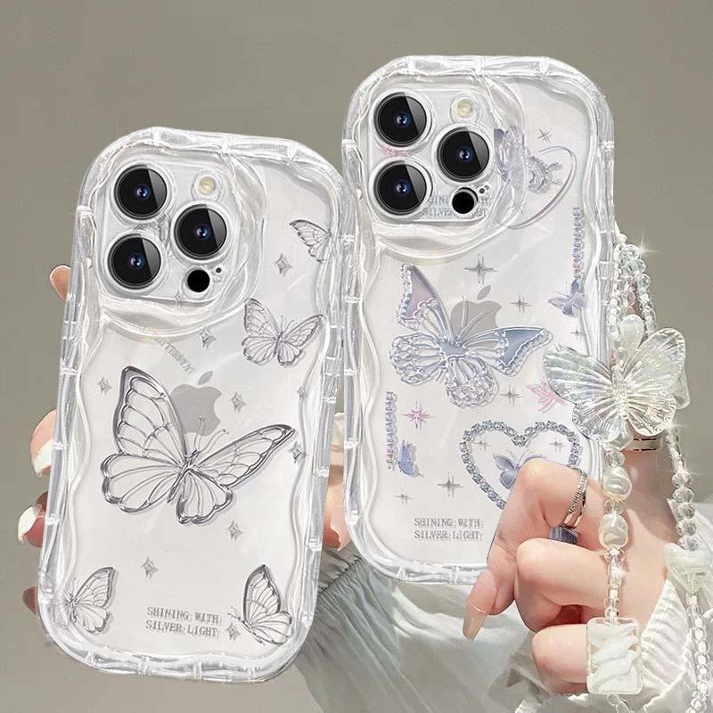 INS Silver Butterfly Pattern Case for Xiaomi Redmi Note 14 Pro 5G 13 14 15 Pro Plus Redmi 15C 15 13 13C Cover with Korean Chain