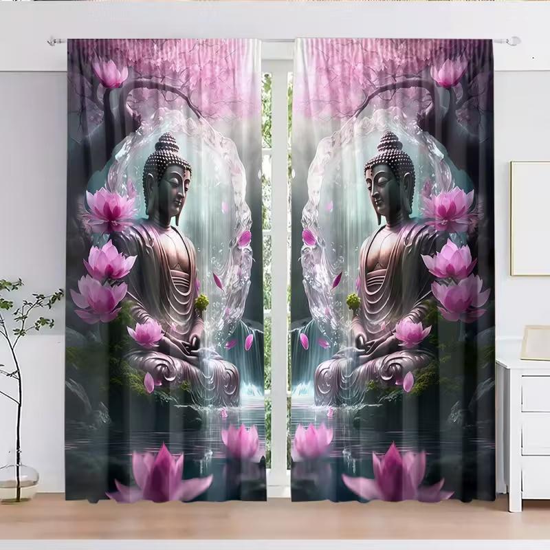 2 Pcs Lotus Buddha print curtains,suitable for bedroom,living room kitchen decoration,home decoration,window decoration