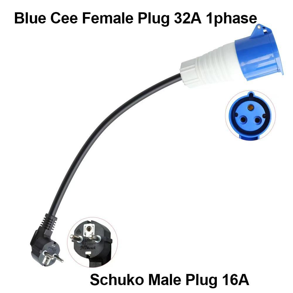 16A Schuko Plug to 32A CEE Plug UK Charging Adapter Cable 16A Schuko-Blue CEE 32A 3P
