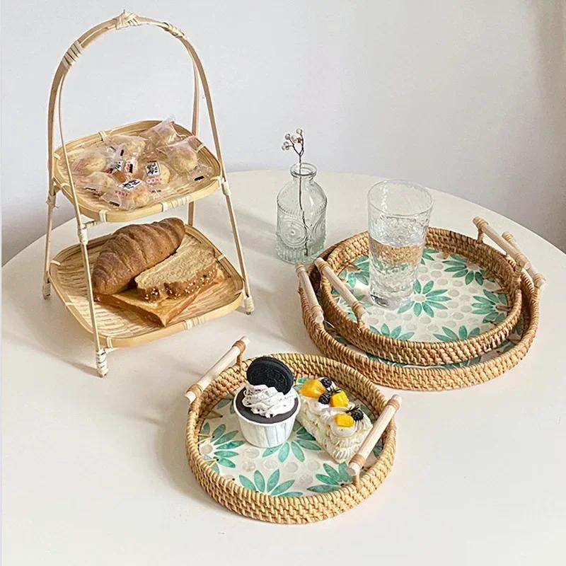Tabletts zum Servieren von Speisen Serviertabletts Snacktablett Nachmittagstee-Tablett Teller Dessert Rattan Obst Trocken Gericht Süßigkeiten Teller Kuchen Zuhause