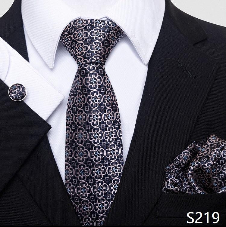 Men's 8cm Solid & Polka Dot Plaid Tie Set with Cufflinks & Pocket Square