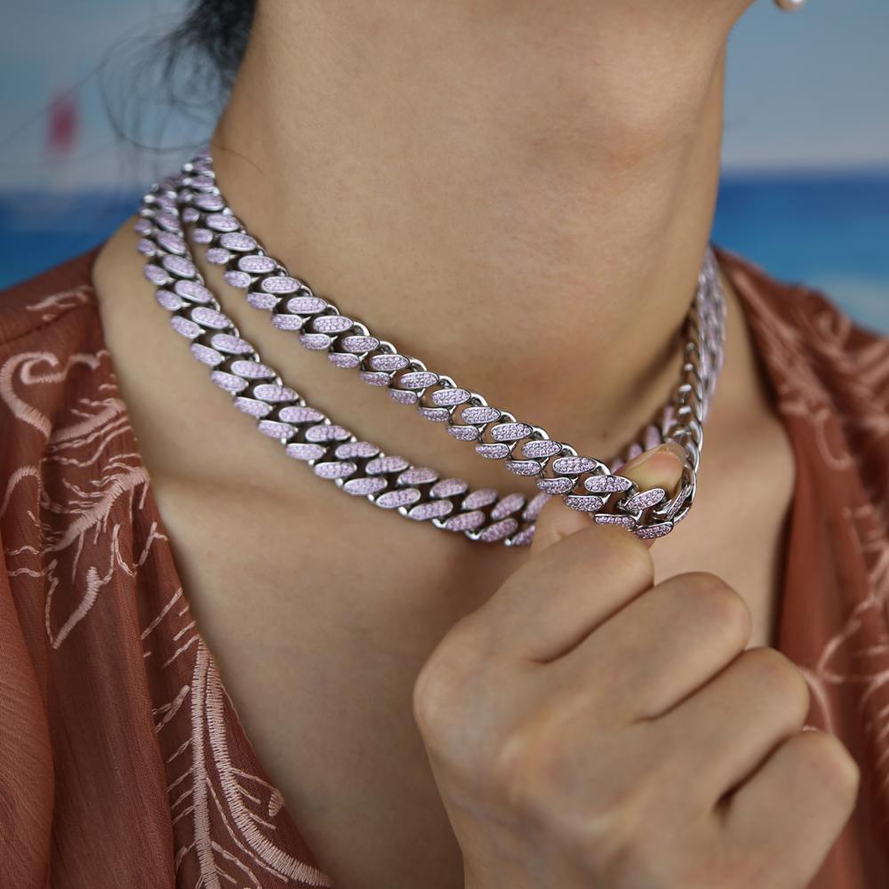 Ice Out Silver Plated Bling Cubic Zirconia 12mm Pink CZ Cuban Link Chain Choker Necklace for Women Wedding Party Gift