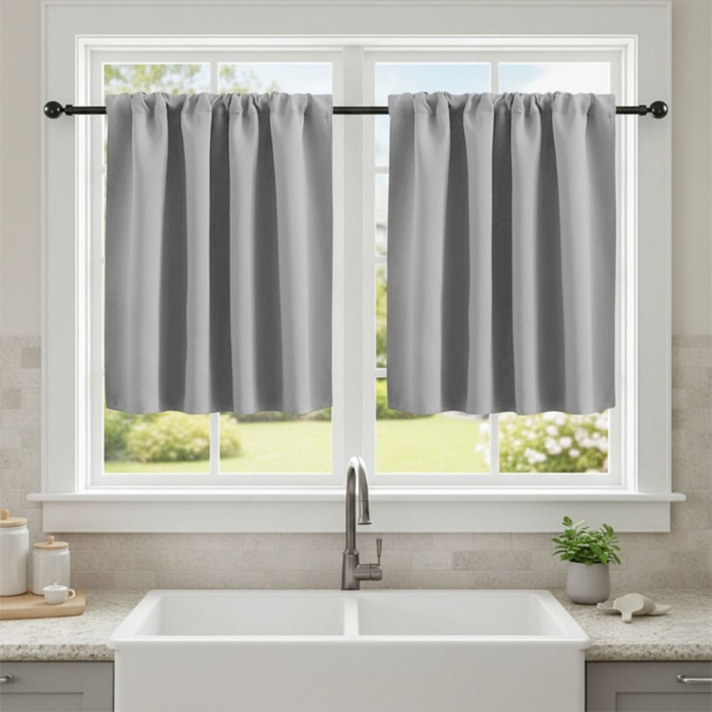 2PCS Solid Color Kitchen Short Curtain Through-rod Design Cabinet Curtain Living Room