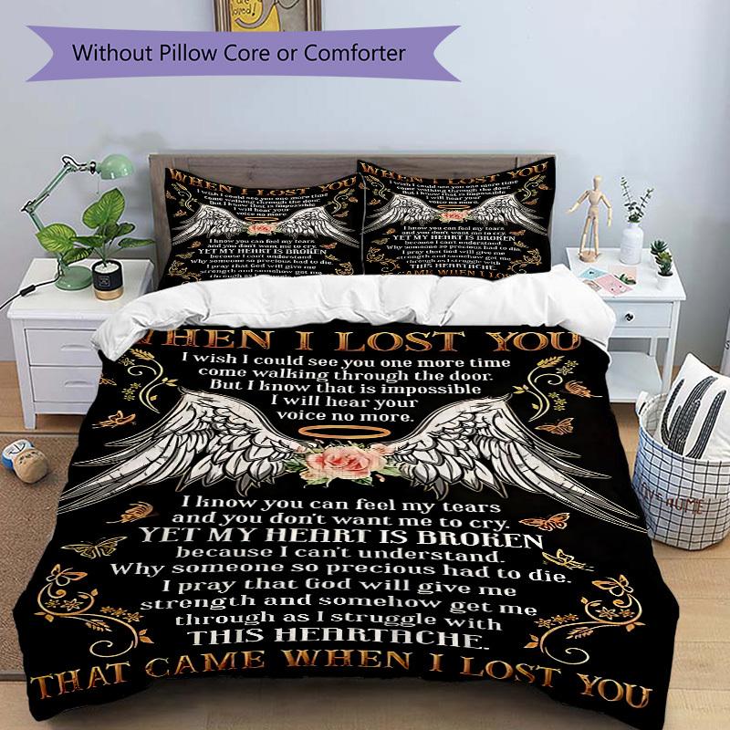 3pcs Angel Wings Memorial Poster Duvet Cover Set, Cover For Bedroom Guest Room (1 Duvet Cover + 2 Pillowcase, Without Quilt),  yy250922192