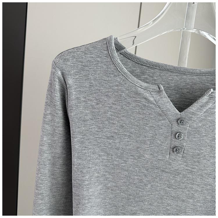 Stylish Long Sleeve T-Shirt Ribbed Slim Standard Shoulder Top For Autumn Stretchy Slim Base Layer Soft Ribbed Fabric Good For Inner And Outer Wear Top