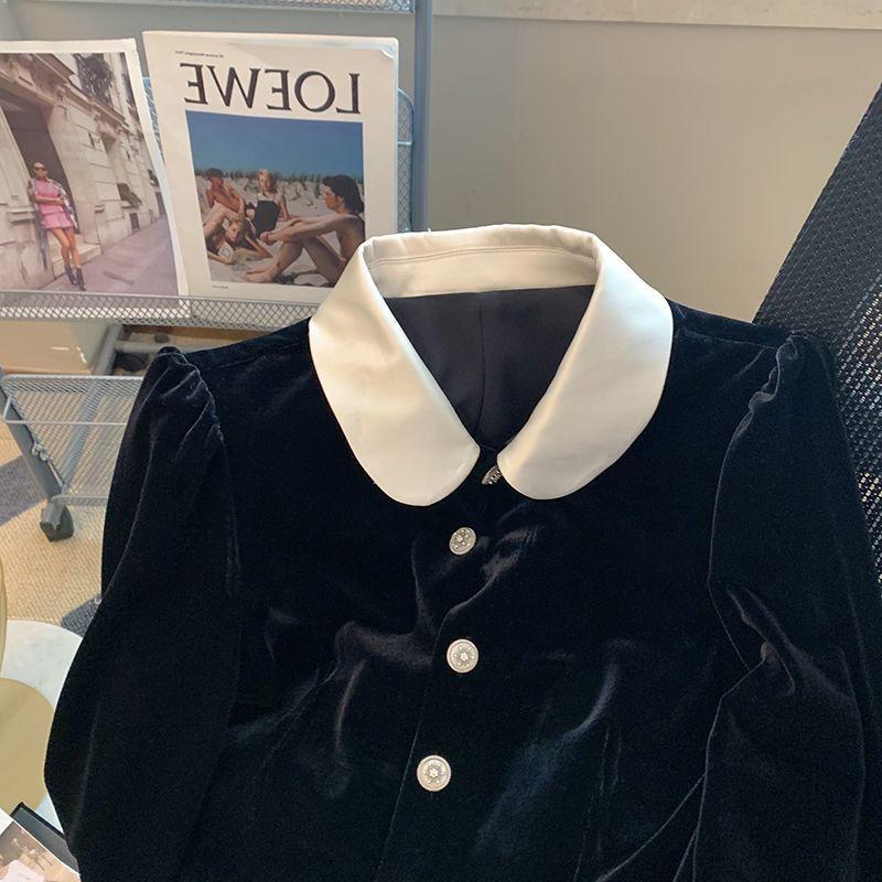 Elegant Age-Reducing French Velvet Doll Collar Shirt for Women
