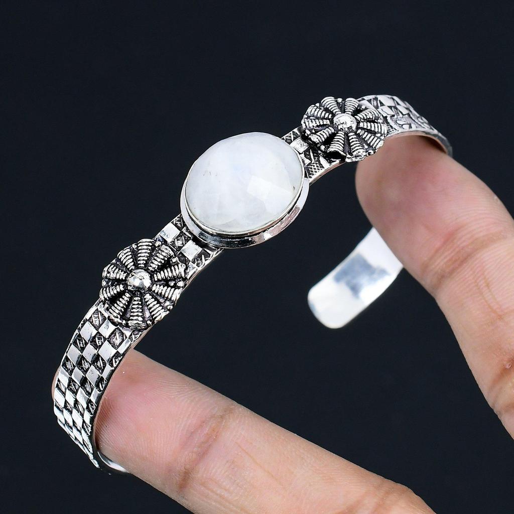 Daughters Day Sale 925 Sterling Silver Rainbow Moonstone Stone Bangle Bracelet