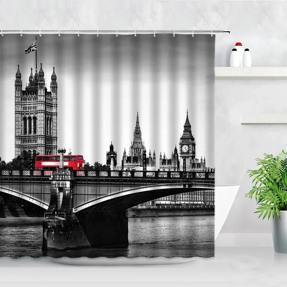 London Street View Shower Curtains Big Ben Red phone Booth Bus Printing Retro Wall Decor Cloth Screen Hooks Bathroom Curtain Set